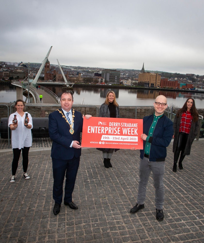 The Mayor of Derry City and Strabane District Council, Brian Tierney pictured at Ebrington on Friday morning for the launch of the ‘Level Up Initiative (part of this year’s Enterprise Week 2021) with Alastair Cameron, founder, Startacus. Back from left are Emily McCorkell, Lo and Slo. Laverne O’Donnell, Business Officer, DCSDC and Jade Bradley, Restore Nutrition